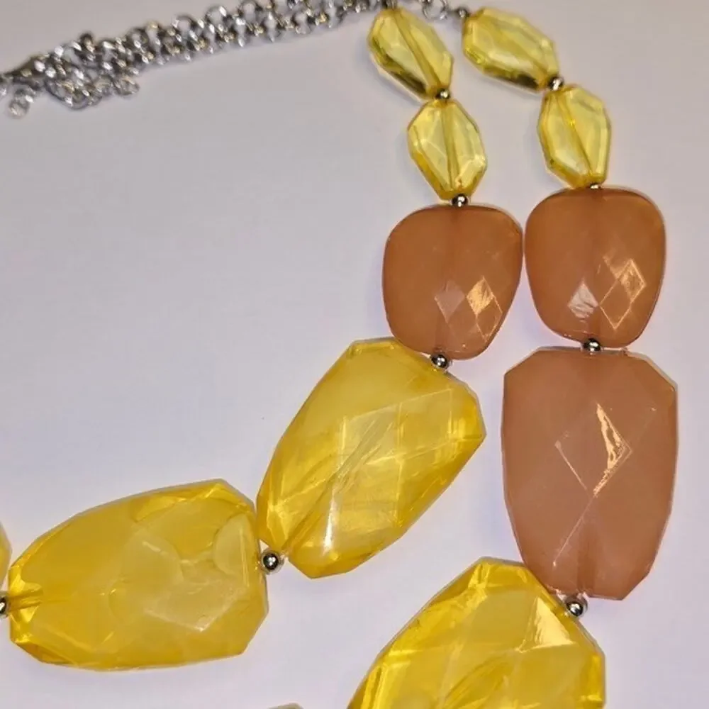 Treska Yellow Peach Chunky Faceted Bead Double Strand Statement Bib Necklace New